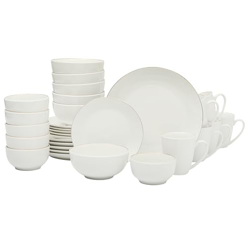 Gibson Home Ogalla 30 Piece Plates. Bowls. & Mugs Dinnerware Set - Service for 6 - White Porcelain W/Gold Band