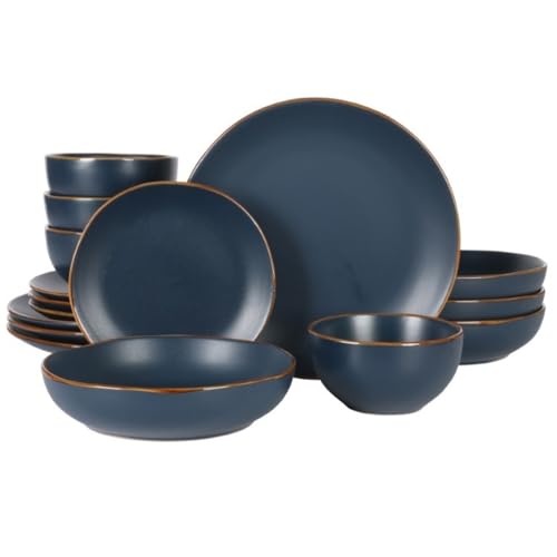 Gibson Home Hazeltine 16 Piece Plates and Bowls Dishes Stoneware Ceramic Dinnerware Set - Navy Blue
