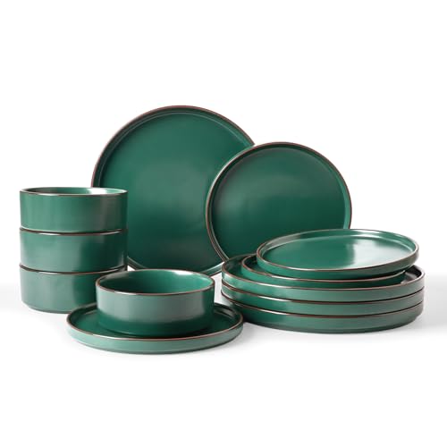 Famiware Nebula Ridge Stoneware Dinnerware Sets. Plates and Bowls Sets for 4. 12 Pieces Dishes Set. Microwave and Dishwasher Safe Kitchen Plates. Dark Green
