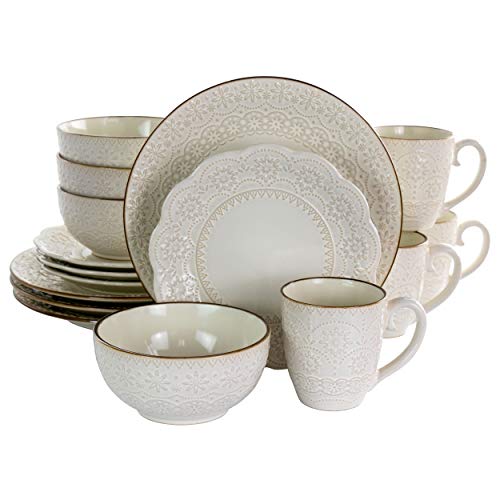 Elama Embossed Scalloped Stoneware Dinnerware Dish Set. 16 Piece. Ivory