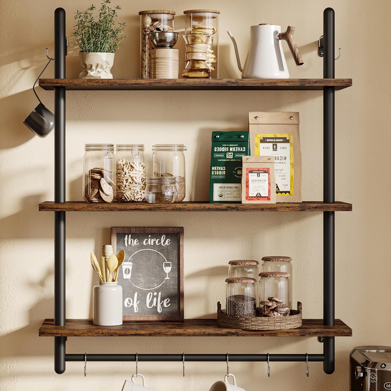 Bestier 3 Tier Industrial Pipe Shelving. Floating Book Shelves for Wall. Storage Hanging Shelves with Towel Bar for Bathroom Organizer Bedroom Kitchen Plants Office. 31.5 Inch Rustic Brown