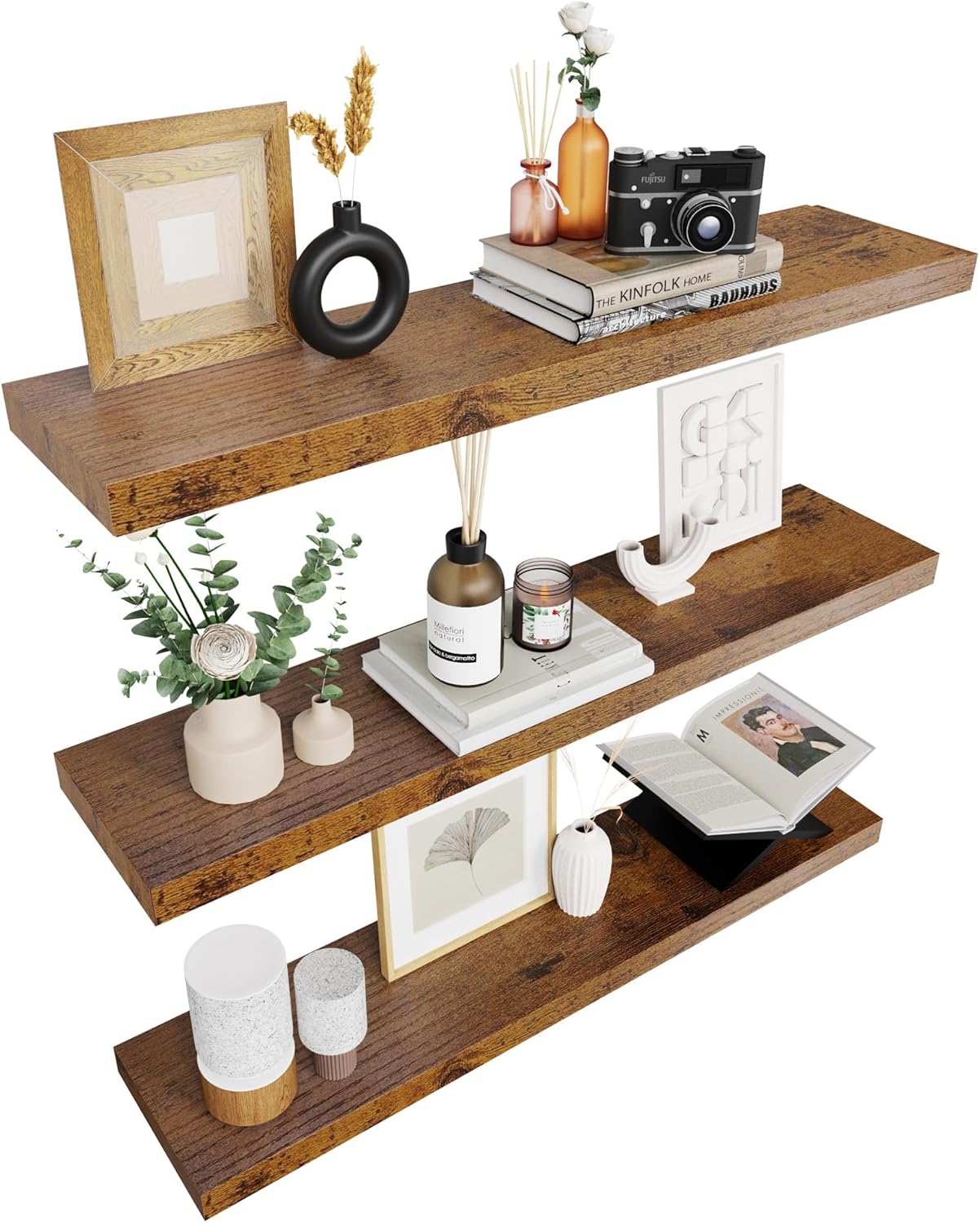 Colima Floating Shelves for Wall Brown Wood Shelf for Bedroom. 36 Inch Wall Mounted Floating Shelves for Bathroom Living Room Kitchen Office. 1.3 Thick Floating Book Shelves Set of 3