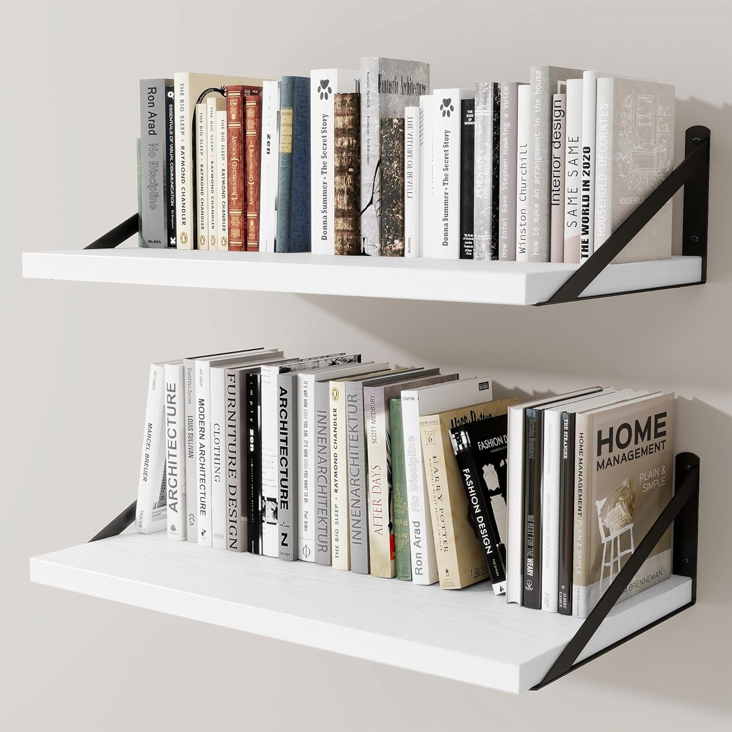 Deep Wall Shelves 24W x 12D Engineered Wood Floating Shelves for Wall. Sturdy Metal Bracket Bookshelves Home Decor Storage for Living Room Bedroom Bathroom Kitchen. Set of 2. White Finish
